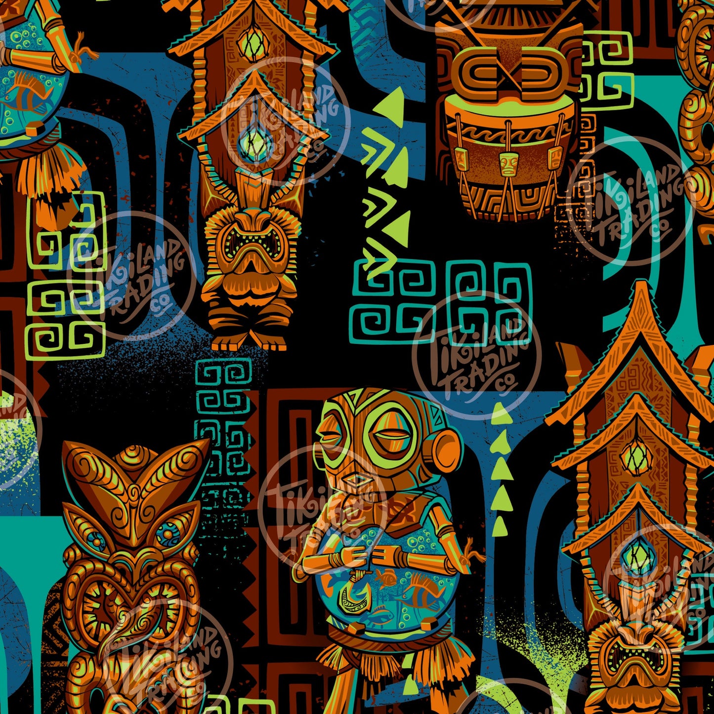 TikiLand Trading Co. 'The Four Tikis' - Aloha Skirt by Doug Horne, BigToe, Atomikitty, Thor, Jeff Granito - Ready to Ship!