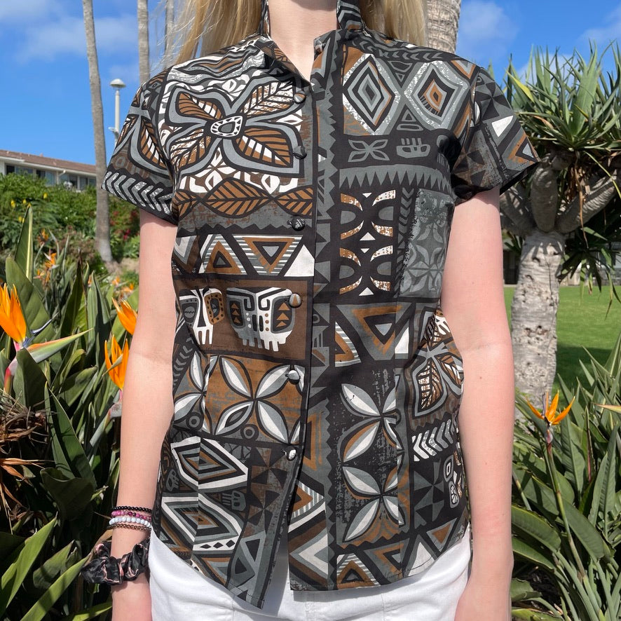 TikiLand Trading Co. X Jeff Granito 'Distant Drums Haleakalā' - Classic Aloha Button-Up Shirt- Womens - Ready to Ship!