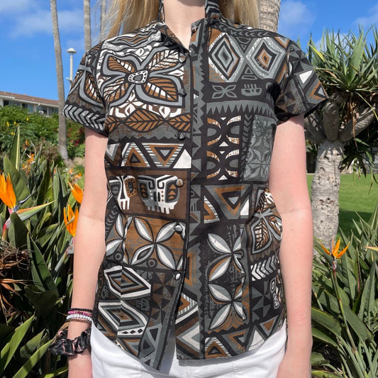 TikiLand Trading Co. X Jeff Granito 'Distant Drums Haleakalā' - Classic Aloha Button-Up Shirt- Womens - Ready to Ship!