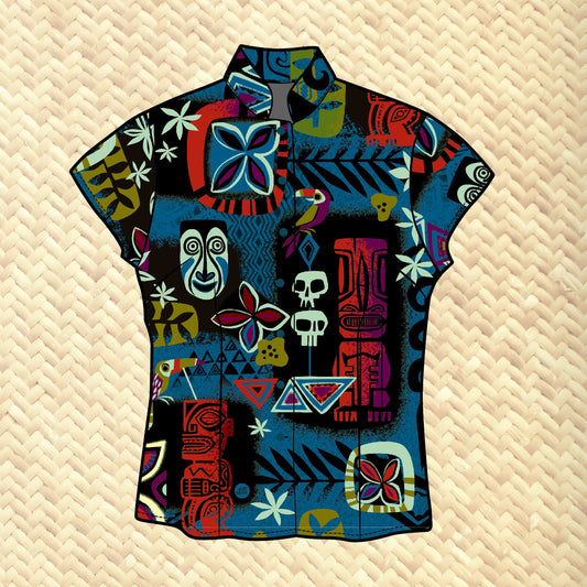 Jeff Granito's 'Blue Tiki Safari' - Classic Aloha Button-Up Shirt - Womens - Ready to Ship!