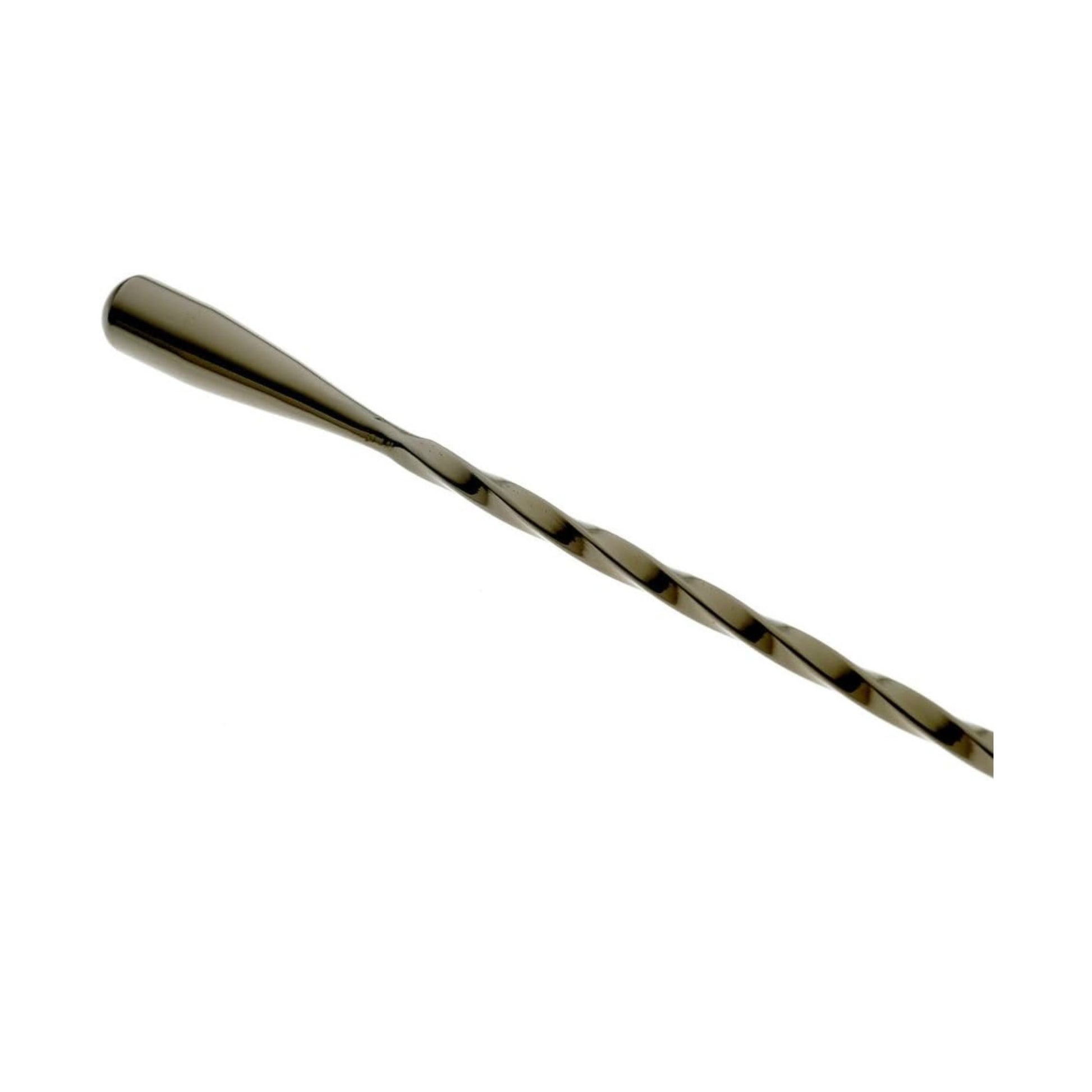 A close-up of a Gun Metal Black finished Barfly Bar Spoon with Teardrop end on a white background