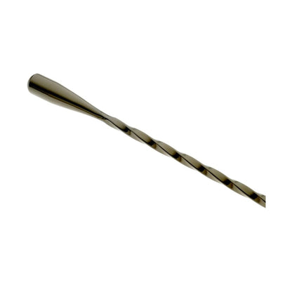 A close-up of a Gun Metal Black finished Barfly Bar Spoon with Teardrop end on a white background