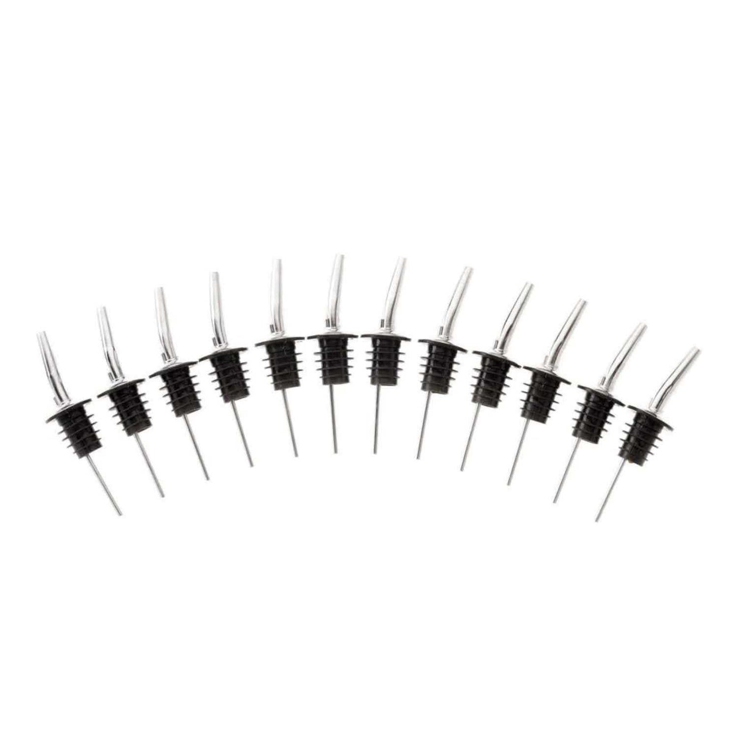 A set of 12 the Stainless barfly cocktail liquor pourer with a black rubber stopper on a white background
