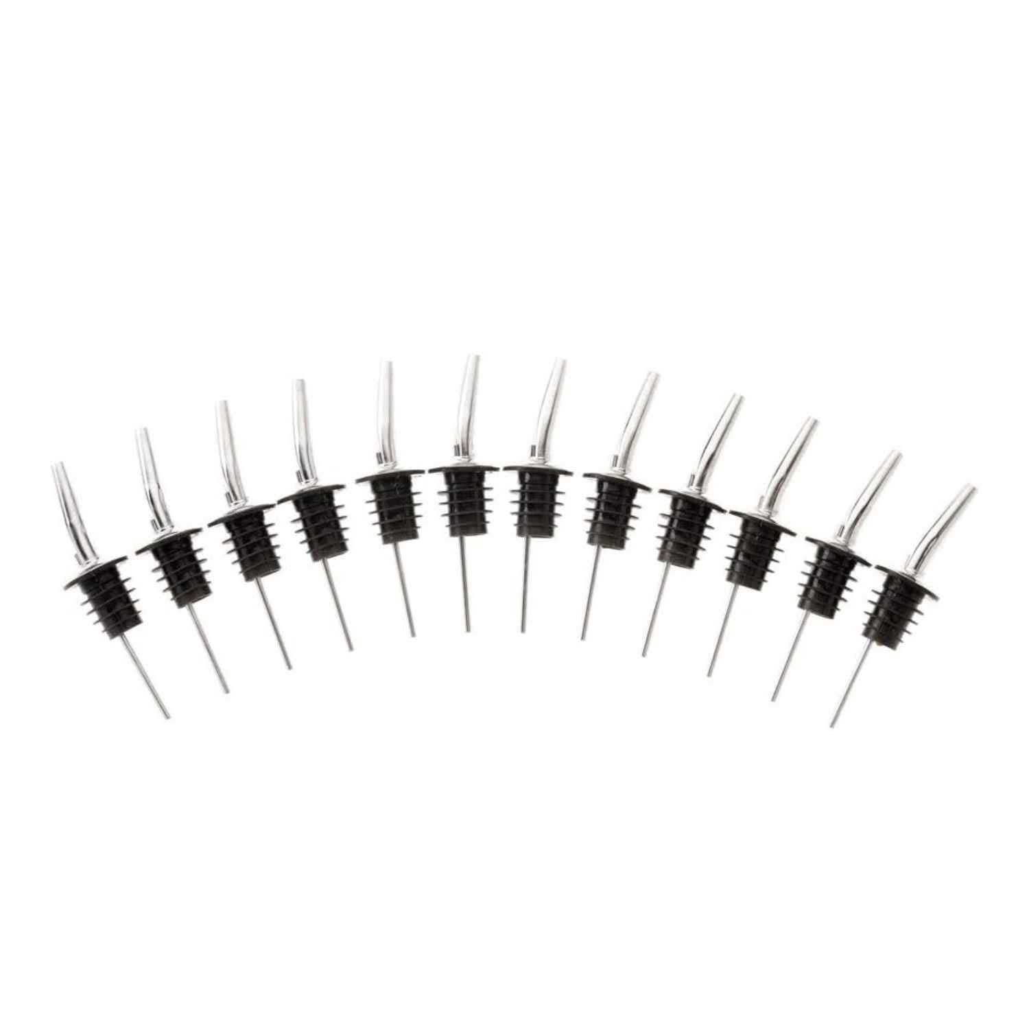 A set of 12 the Stainless barfly cocktail liquor pourer with a black rubber stopper on a white background