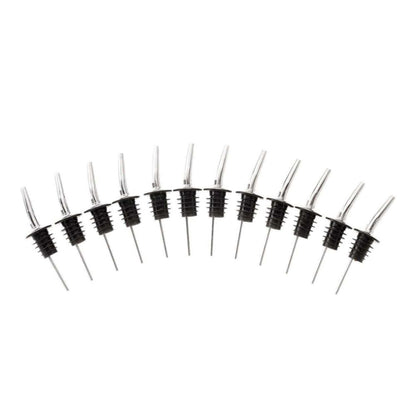 A set of 12 the Stainless barfly cocktail liquor pourer with a black rubber stopper on a white background
