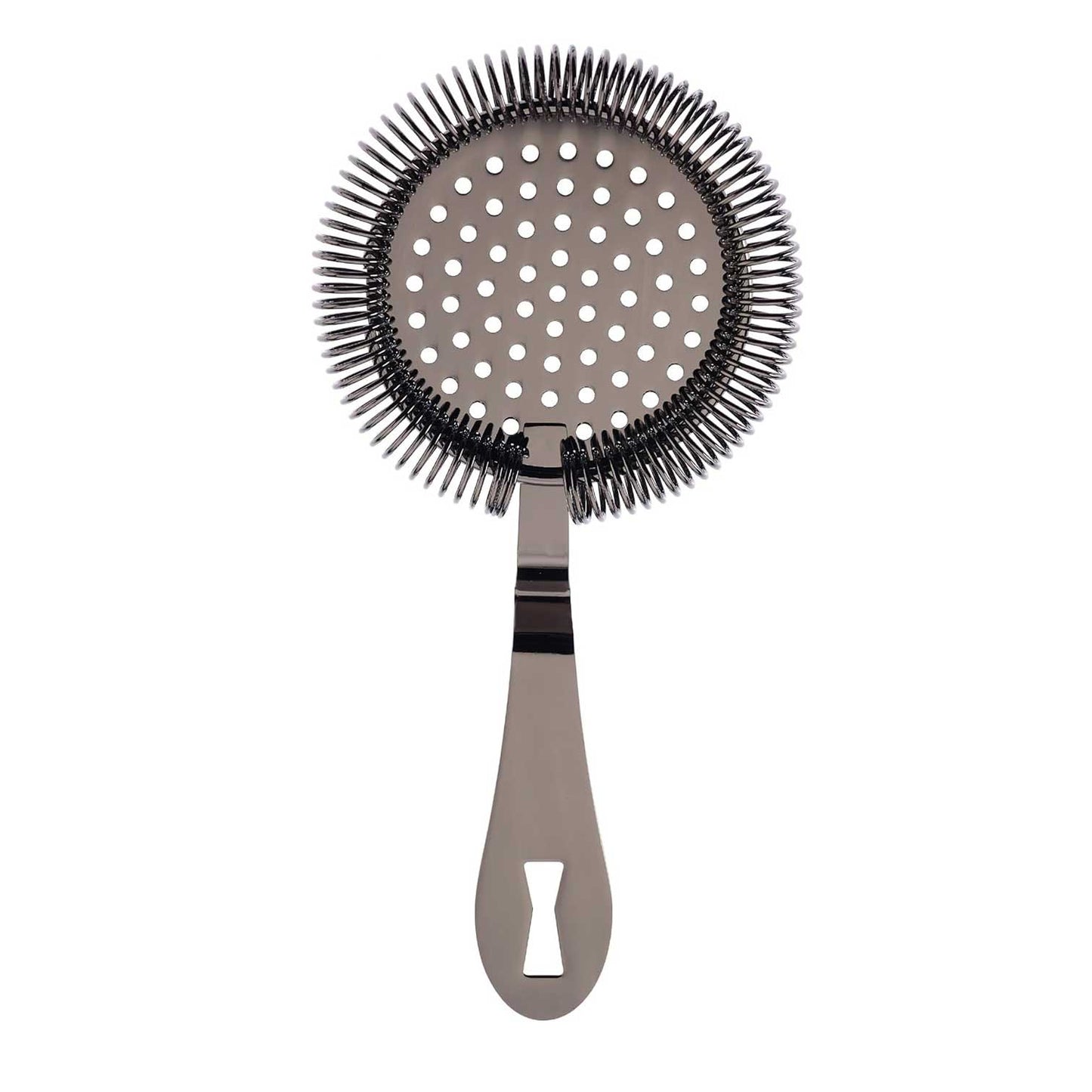 A Gun Metal Black colored Deluxe Antique Hawthorne Spring Strainer on a white background