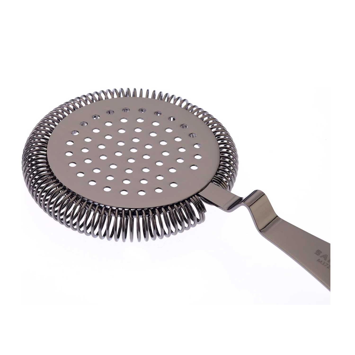 A Gun Metal Black colored Deluxe Antique Hawthorne Spring Strainer on a white background