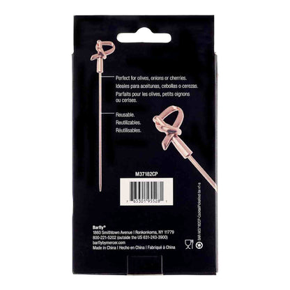 The back of a product box of the 4.5 inch Copper Plated Barfly Cocktail Pick, with a bamboo knot top on a white background.