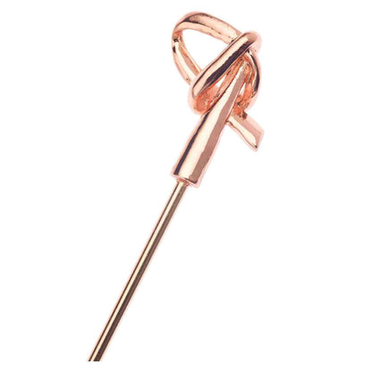 A close-up of the 4.5 inch Copper Plated Barfly Cocktail Pick, with a bamboo knot top on a white background.