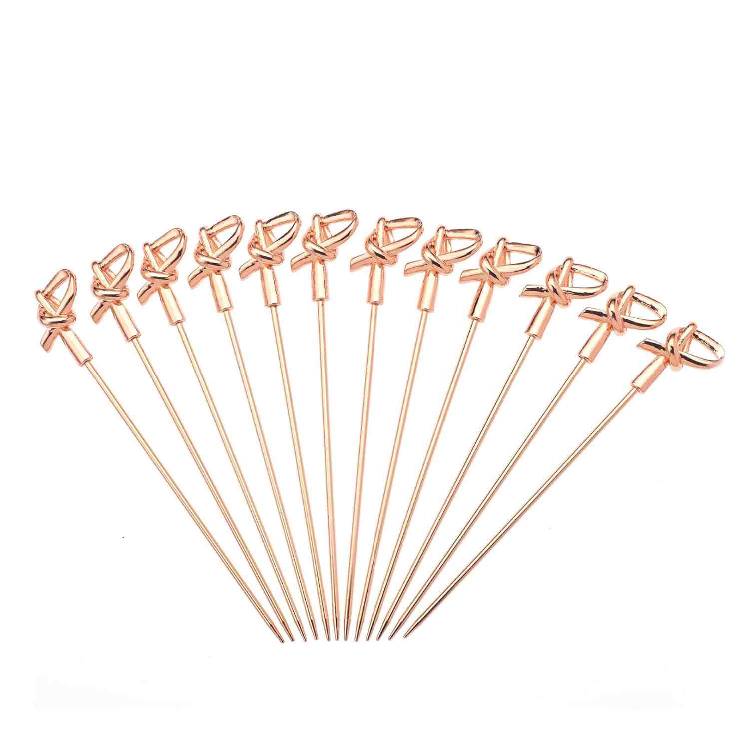 The 12-set of a A 4.5 inch Copper Plated Barfly Cocktail Pick, with a bamboo knot top on a white background.