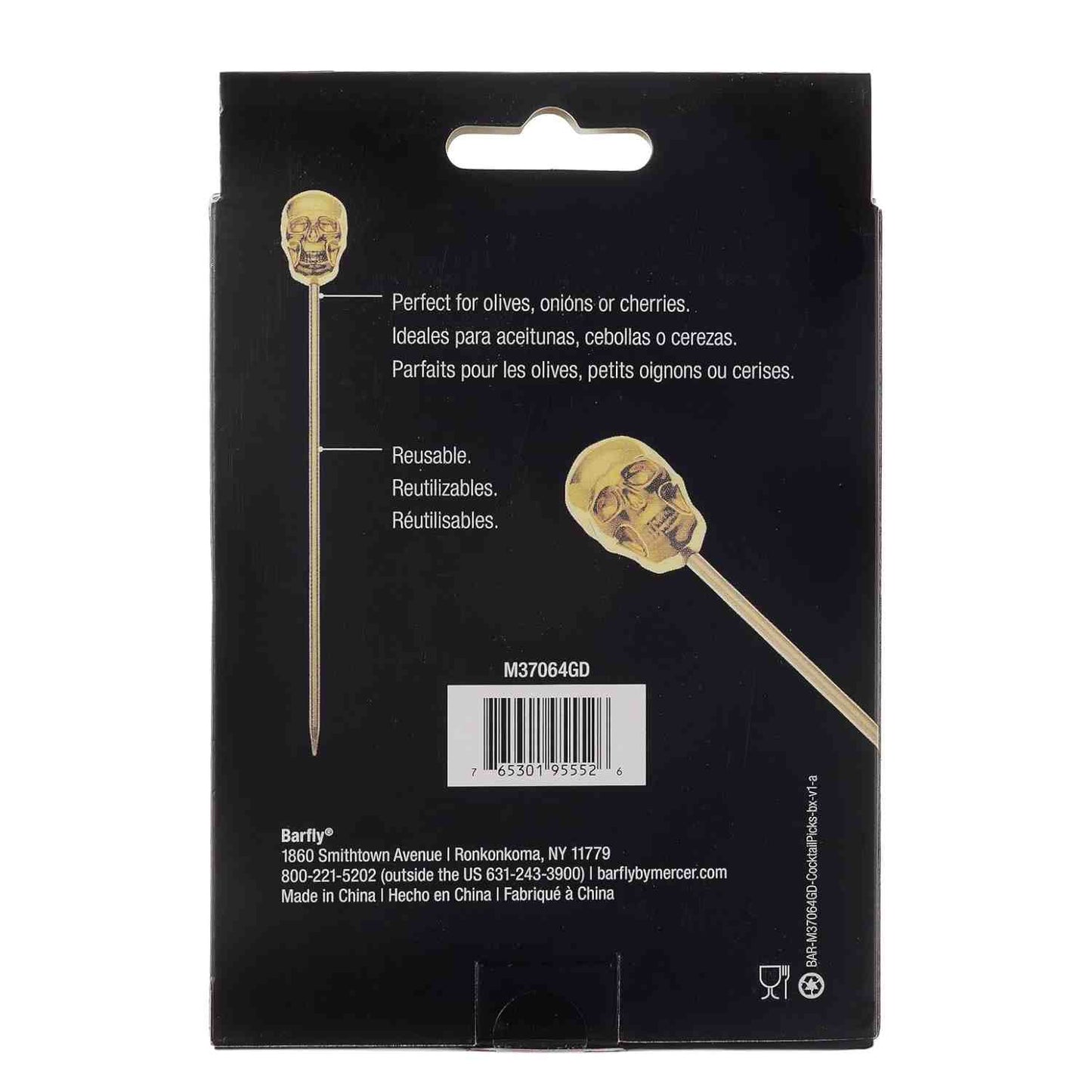 The back of a product box of the 4.5 inch Gold Plated Barfly Cocktail Pick, with a Skull top on a white background.
