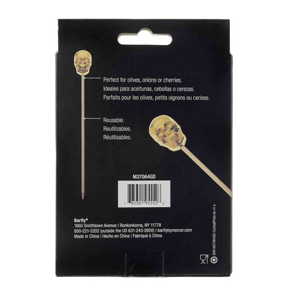 The back of a product box of the 4.5 inch Gold Plated Barfly Cocktail Pick, with a Skull top on a white background.