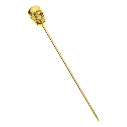 A 4.5 inch Gold Plated Barfly Cocktail Pick, with a skull top on a white background.