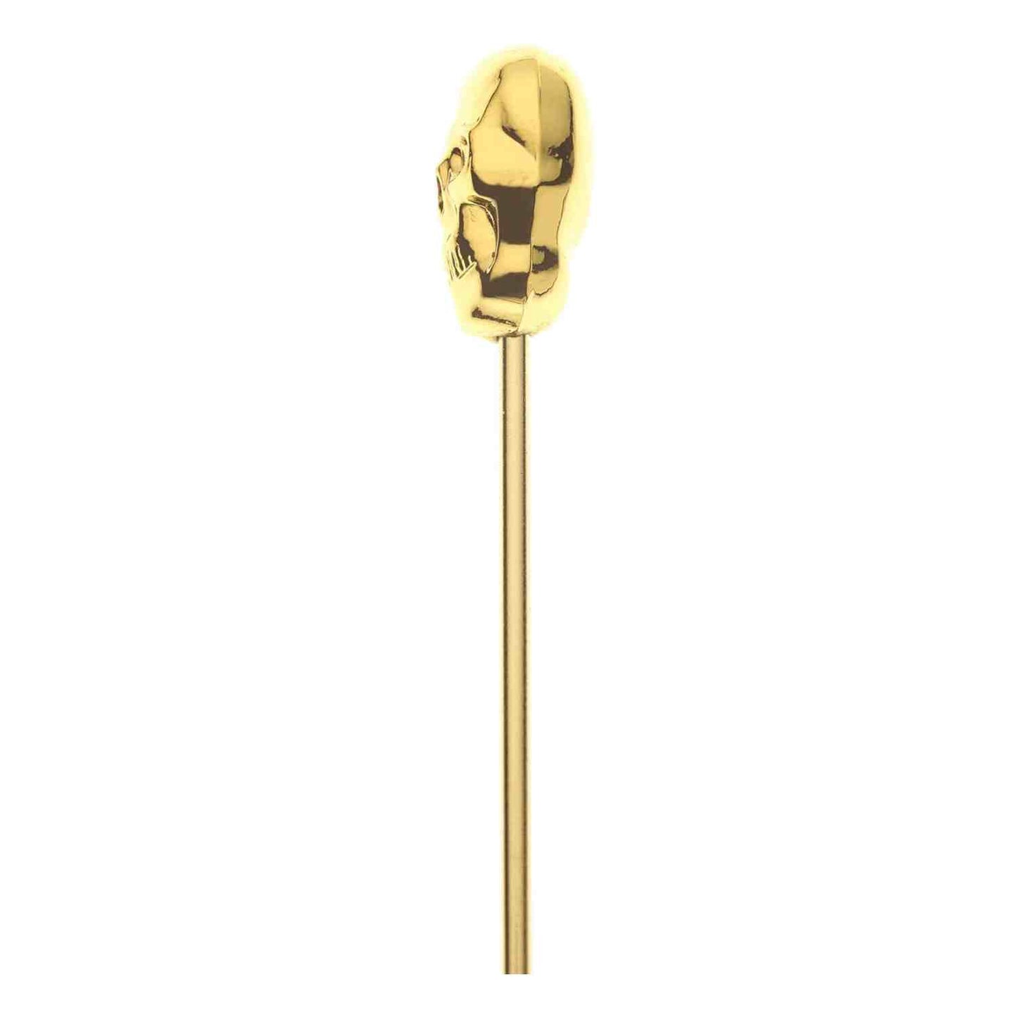 A close-up of the 4.5 inch Gold Plated Barfly Cocktail Pick, with a skull top on a white background.