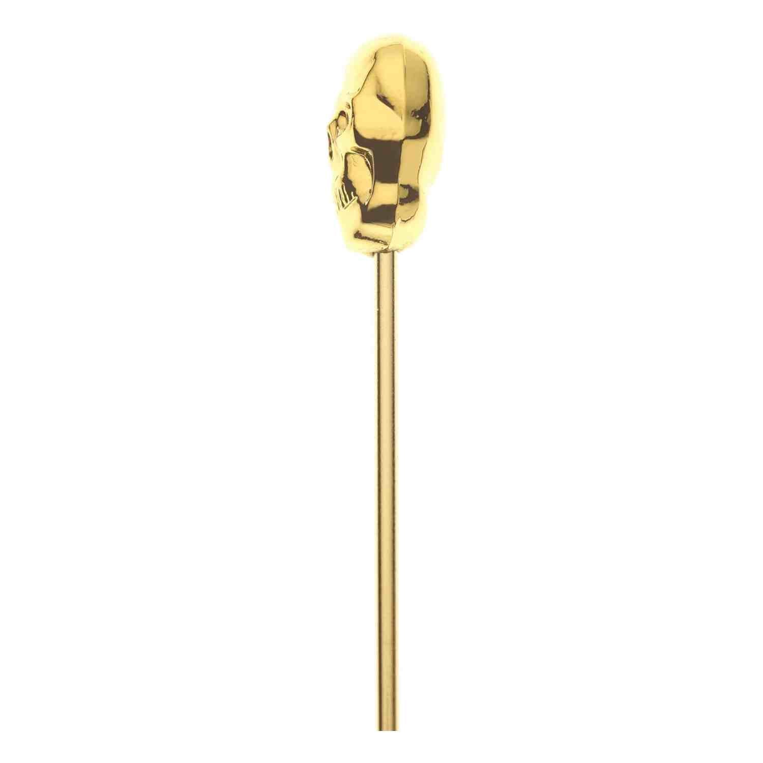 A close-up of the 4.5 inch Gold Plated Barfly Cocktail Pick, with a skull top on a white background.