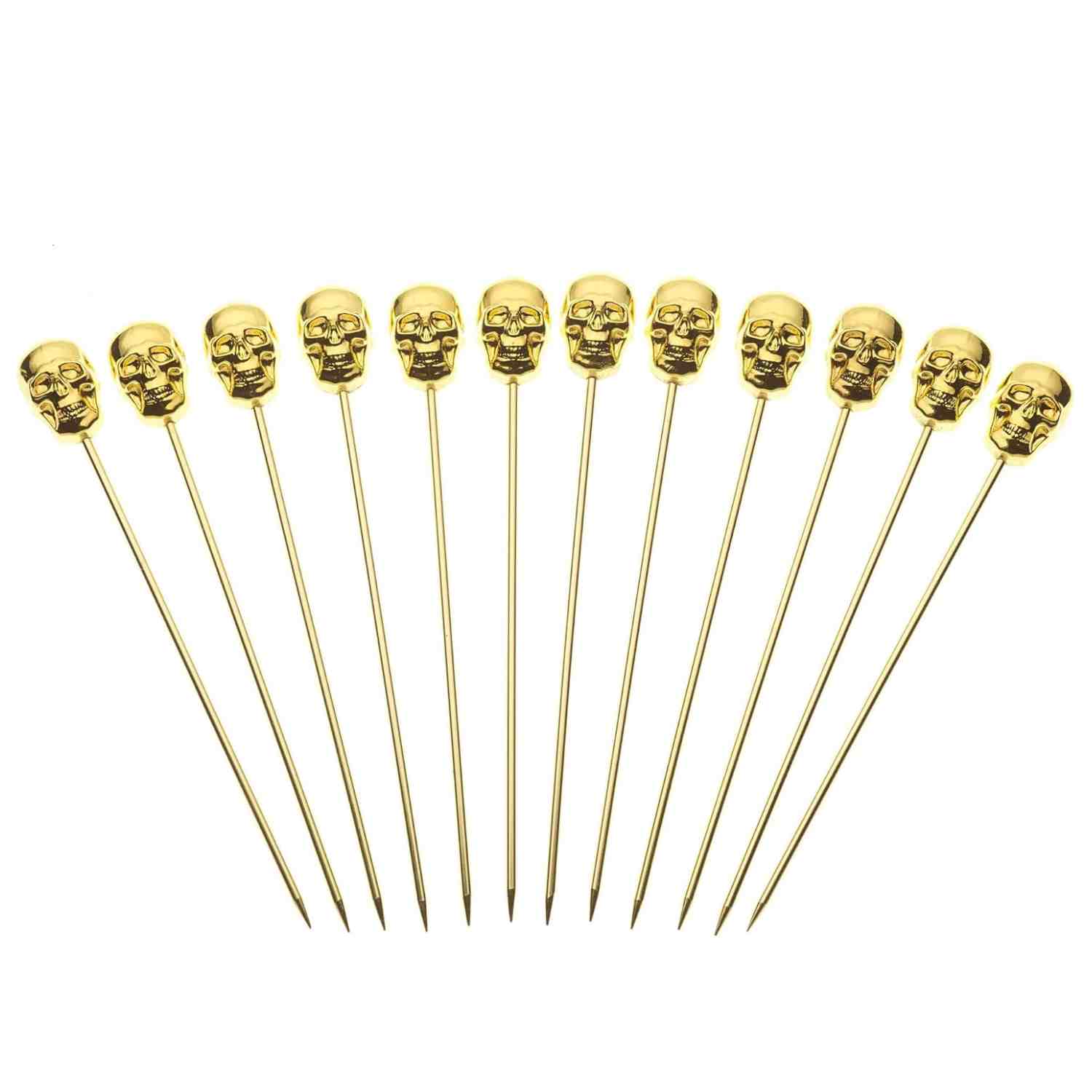 The 12-set of a 4.5 inch Gold Plated Barfly Cocktail Pick, with a skull top on a white background.