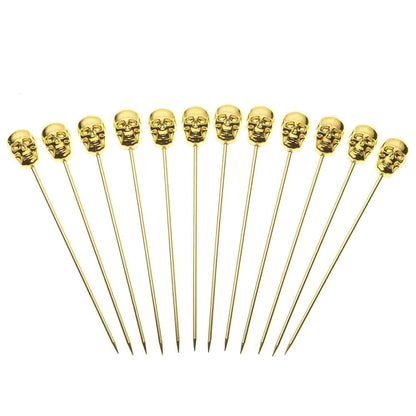 The 12-set of a 4.5 inch Gold Plated Barfly Cocktail Pick, with a skull top on a white background.