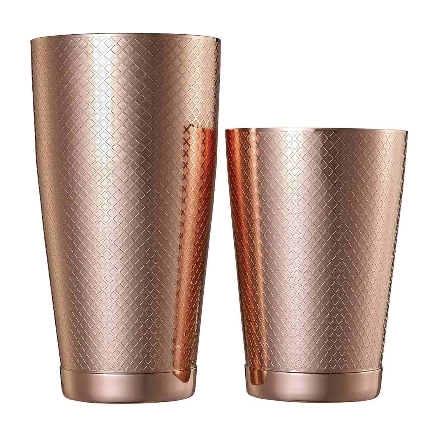 A Barfly Copper Plated diamond lattice shaker cocktail tin set of 18 oz and 28 oz on a white background