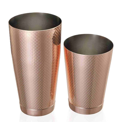 A Barfly Copper Plated diamond lattice shaker cocktail tin set of 18 oz and 28 oz on a white background