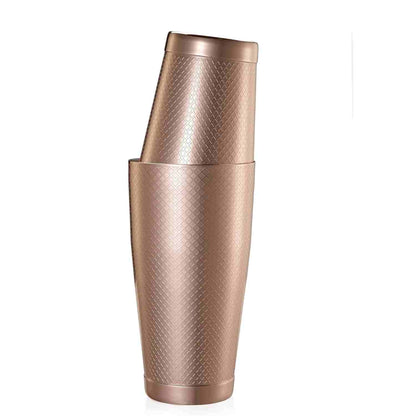 A Barfly Copper Plated diamond lattice shaker cocktail tin set of 18 oz and 28 oz on a white background