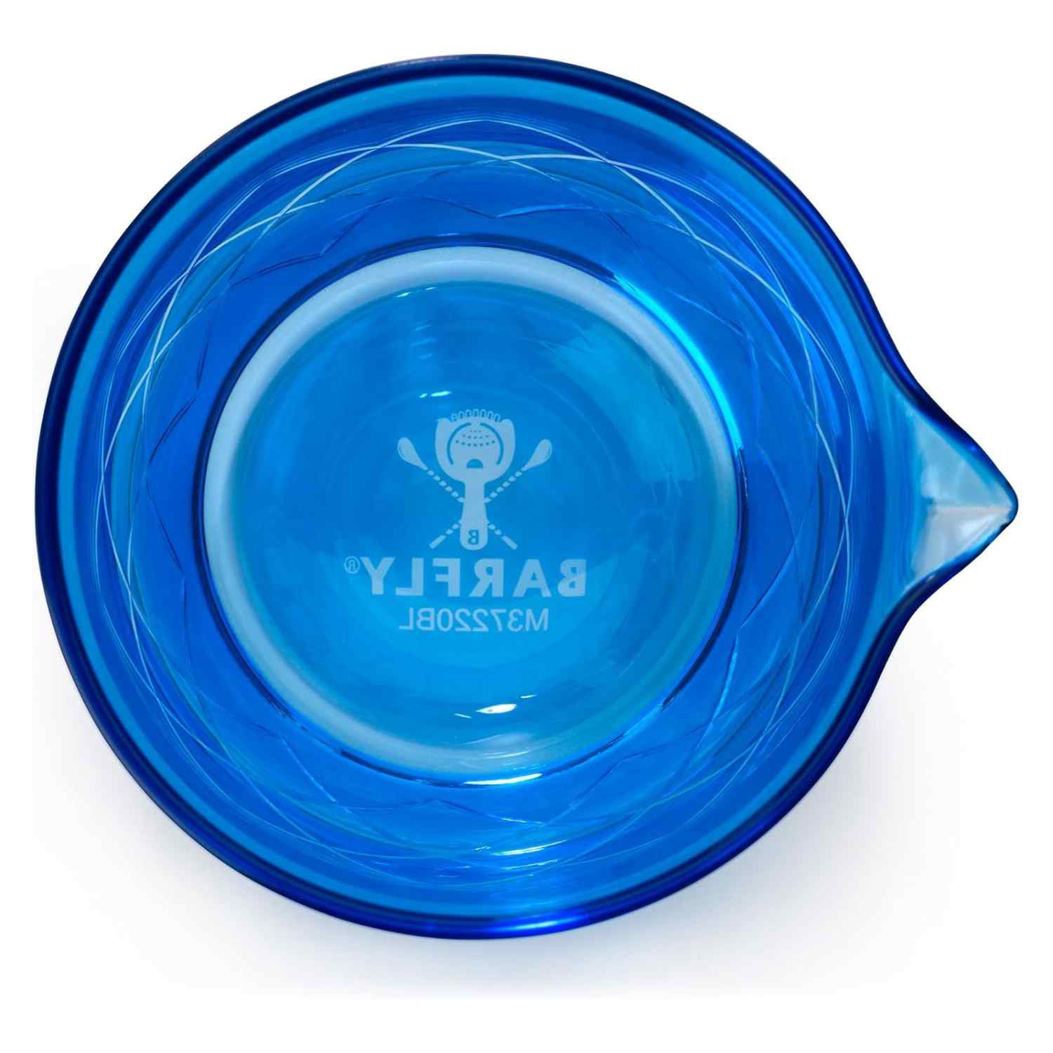 A close-up of the Blue Barfly Mixing Glass 17oz (500 ml) with geometric patterns on a white background