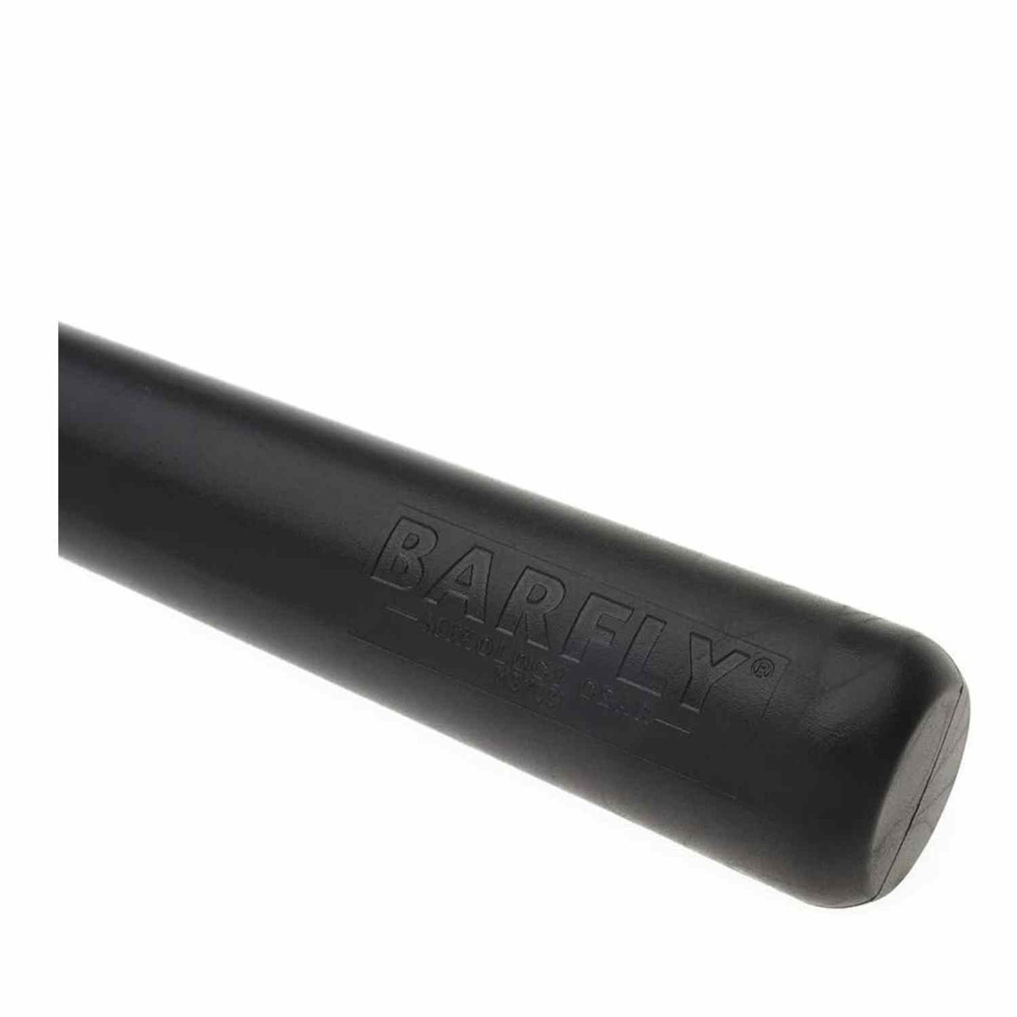 A close-up of the 12-inch long, black composite bar muddler by Barfly, with a rounded base and a smooth handle on a white background