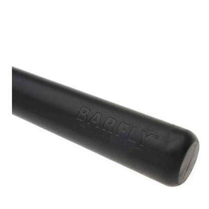 A close-up of the 12-inch long, black composite bar muddler by Barfly, with a rounded base and a smooth handle on a white background