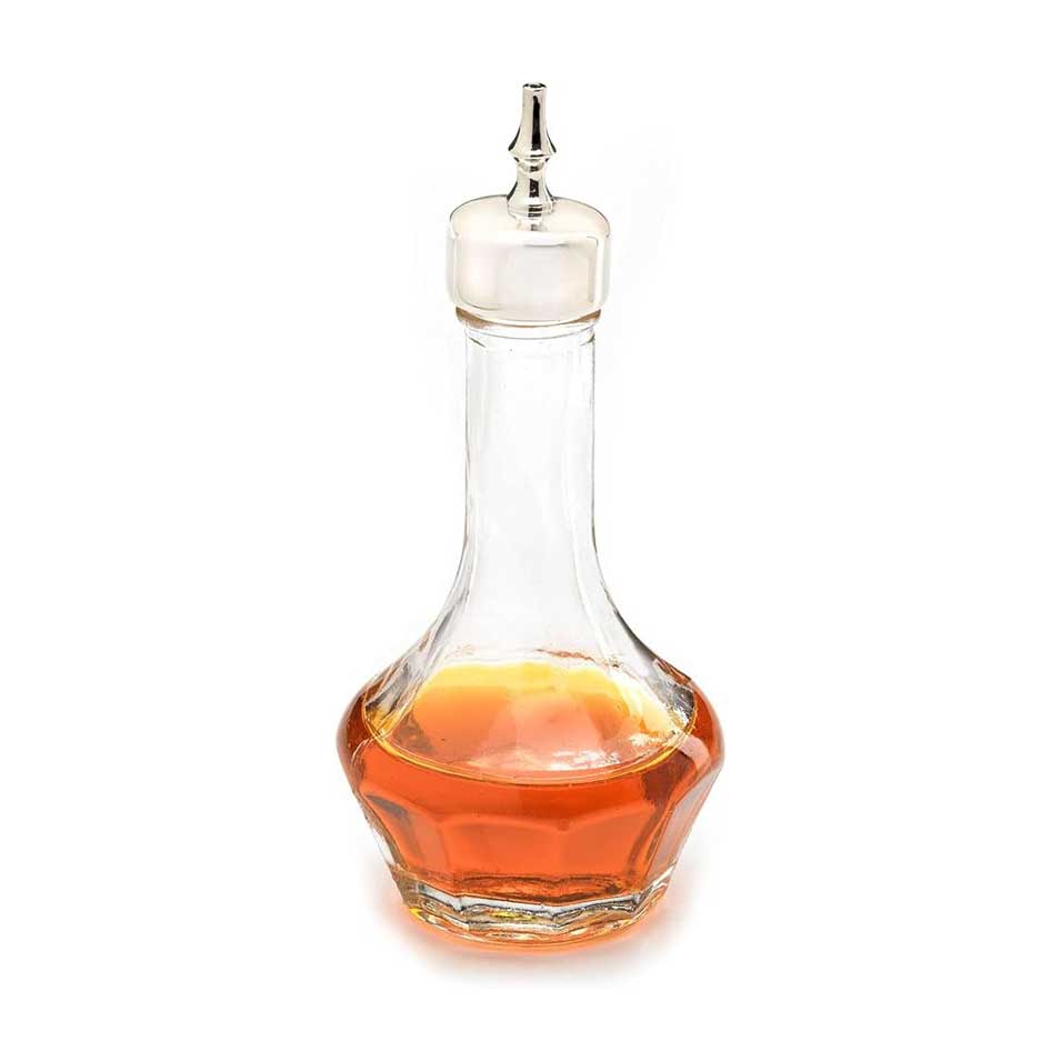 A Barfly  Bitters Bottle with Threaded Stainless Top 1.7 oz, half-filled with bitters, on a white background.
