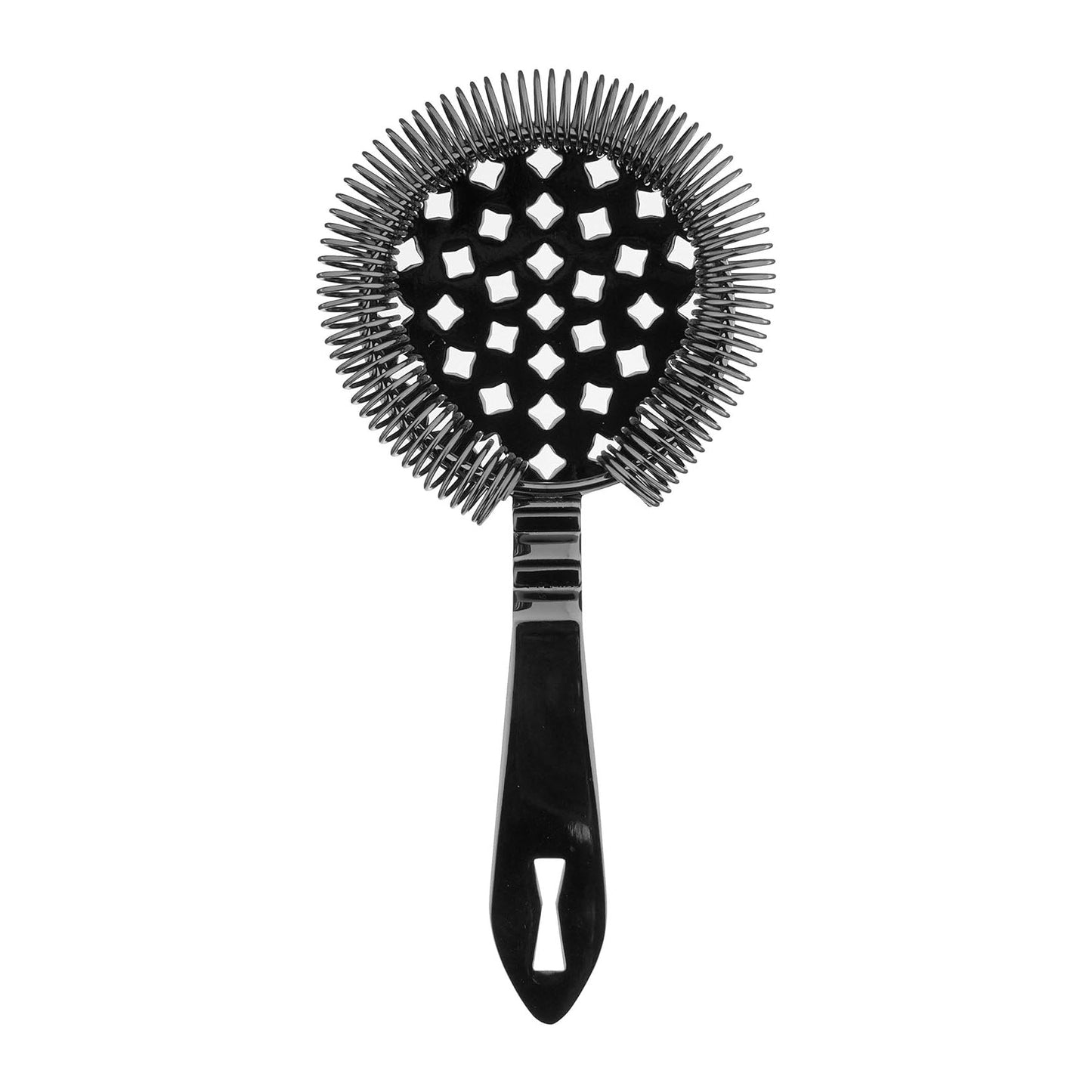 A Gun Metal Black colored Barfly Classic Hawthorne Spring Bar Strainer on a white background
