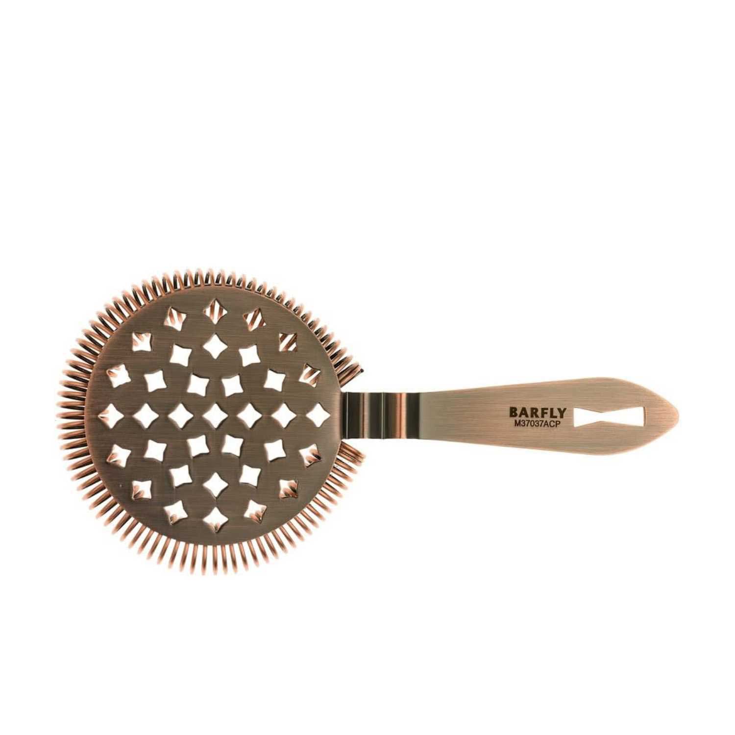 An Antique Copper Barfly Classic Hawthorne Spring Bar Strainer on a white background