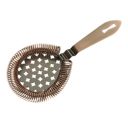 An Antique Copper Barfly Classic Hawthorne Spring Bar Strainer on a white background