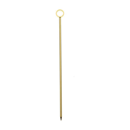 A 4.5 inch Gold Plated Barfly Cocktail Pick, with a Circle top on a white background.