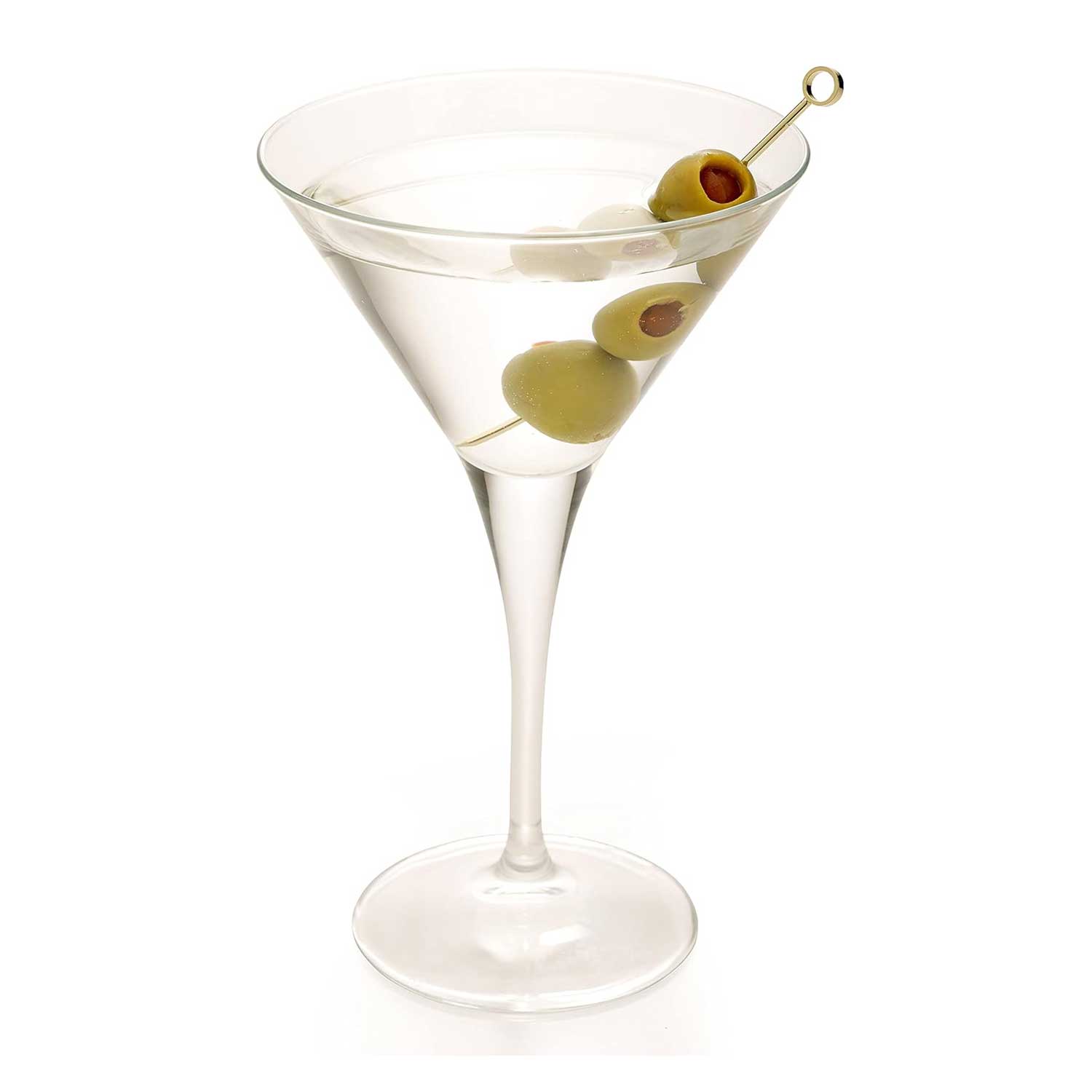 A clear martini in a stemmed glass, garnished with green olives skewered on a 4.5 inch Gold Plated Barfly Cocktail Pick, with a Circle top.