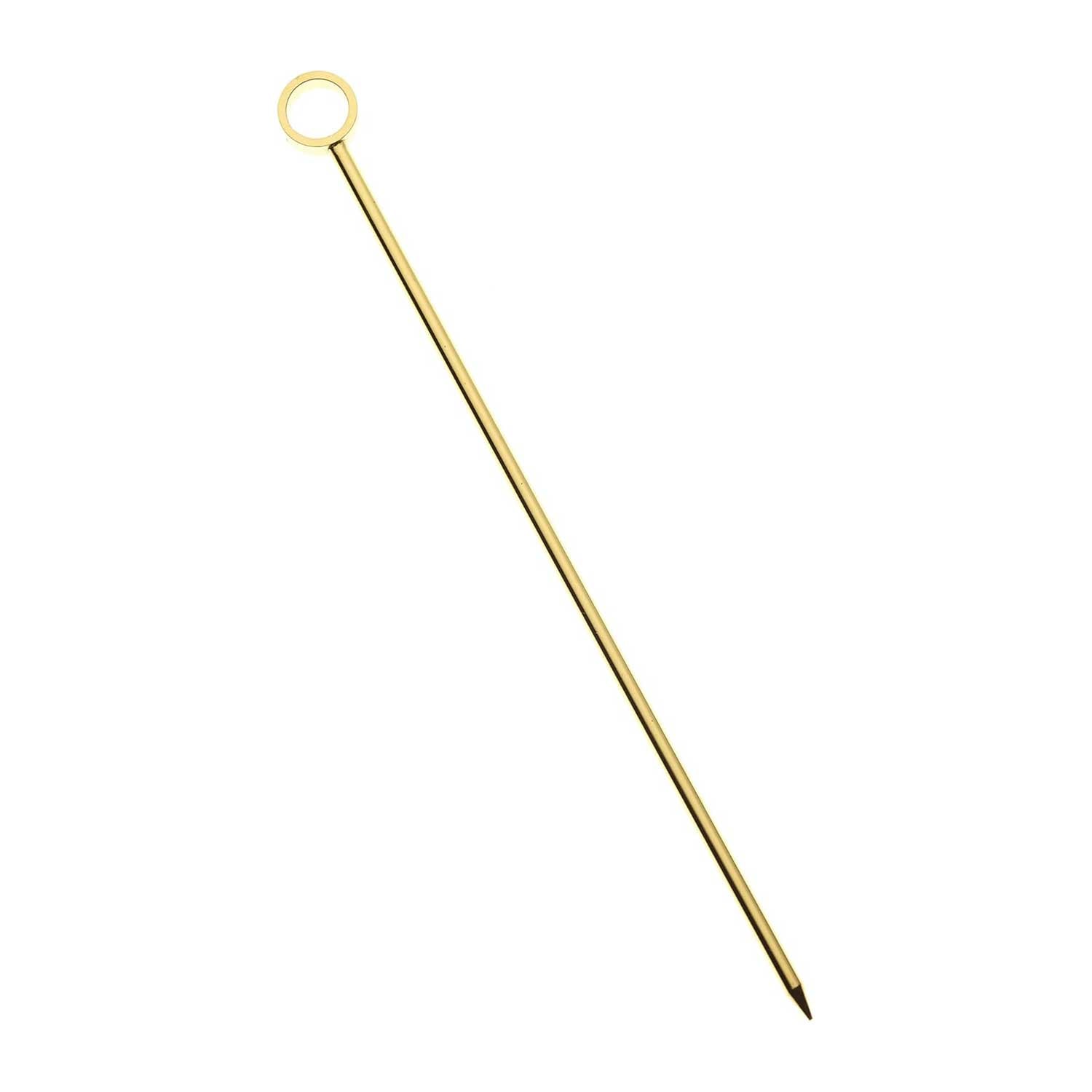A 4.5 inch Gold Plated Barfly Cocktail Pick, with a Circle top on a white background.