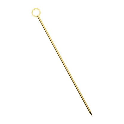 A 4.5 inch Gold Plated Barfly Cocktail Pick, with a Circle top on a white background.