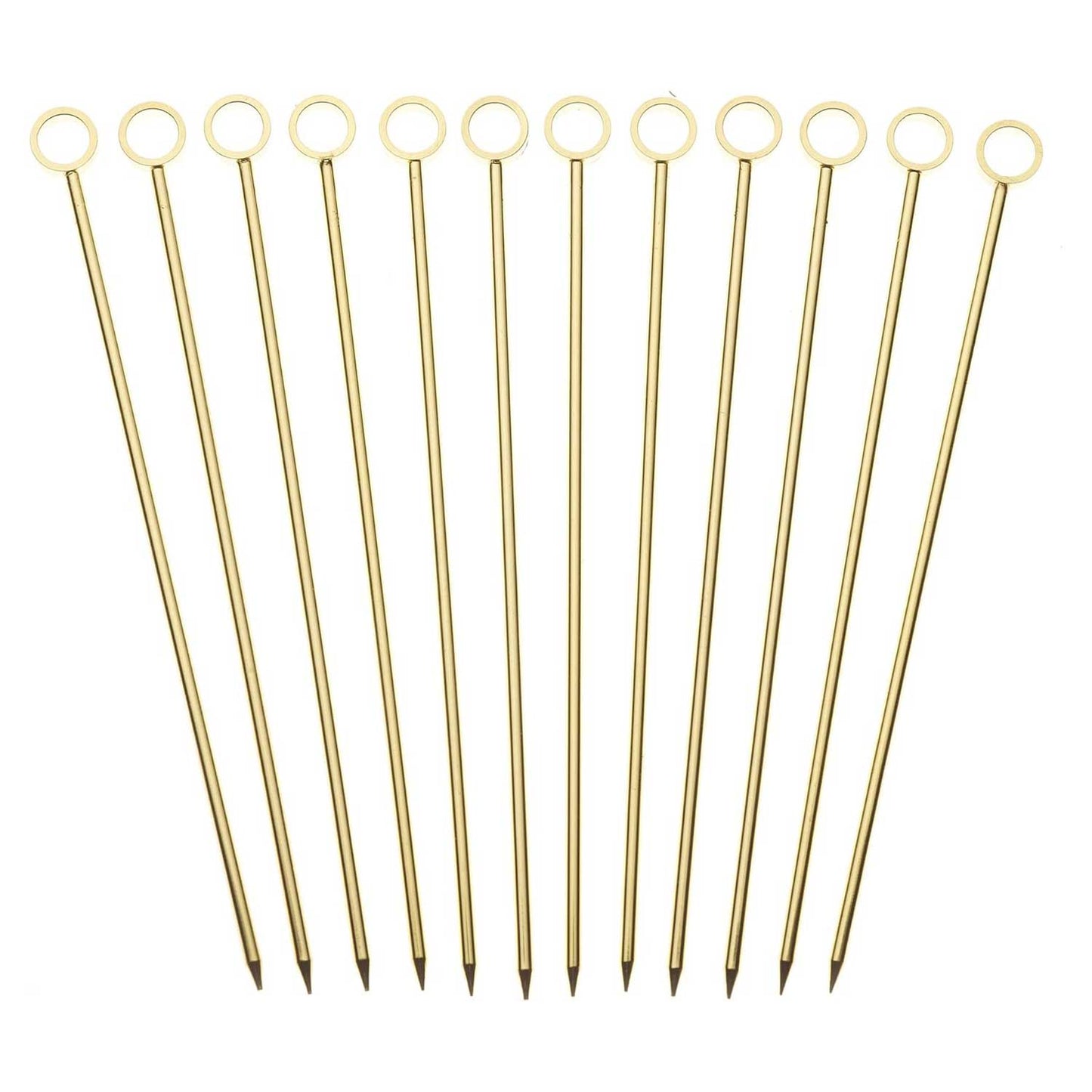 The 12-set of a 4.5 inch Gold Plated Barfly Cocktail Pick, with a Circle top on a white background.