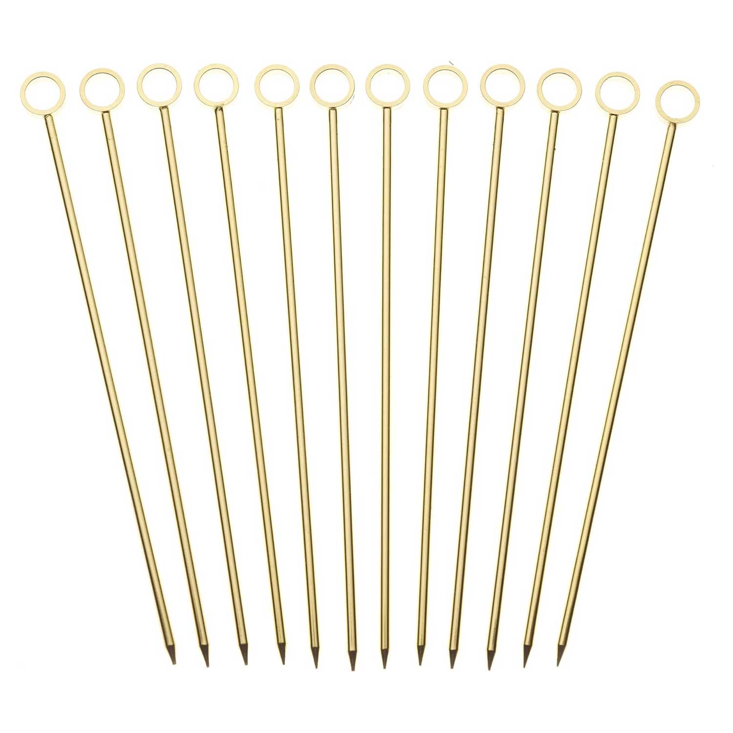 The 12-set of a 4.5 inch Gold Plated Barfly Cocktail Pick, with a Circle top on a white background.