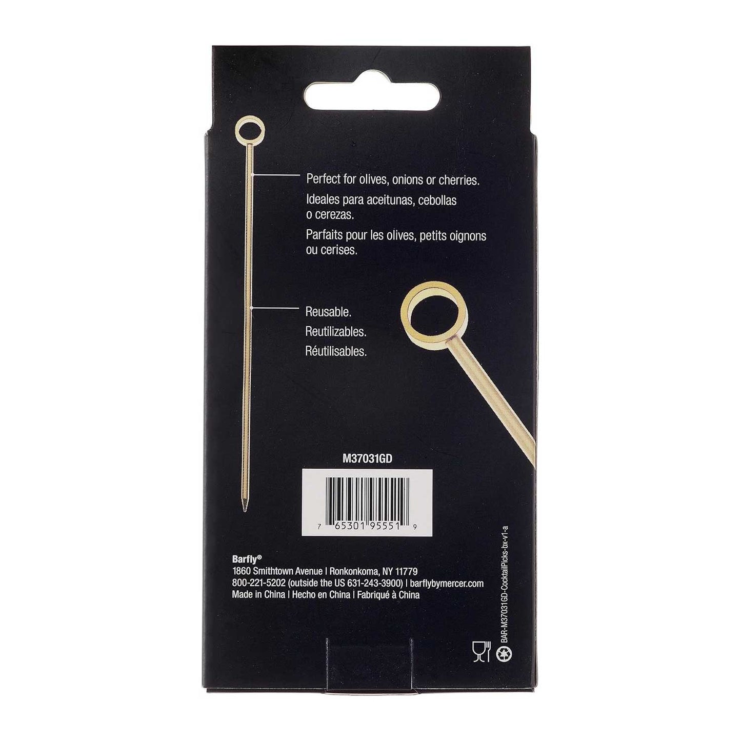 The back of a product box of the 4.5 inch Gold Plated Barfly Cocktail Pick, with a Circle top on a white background.