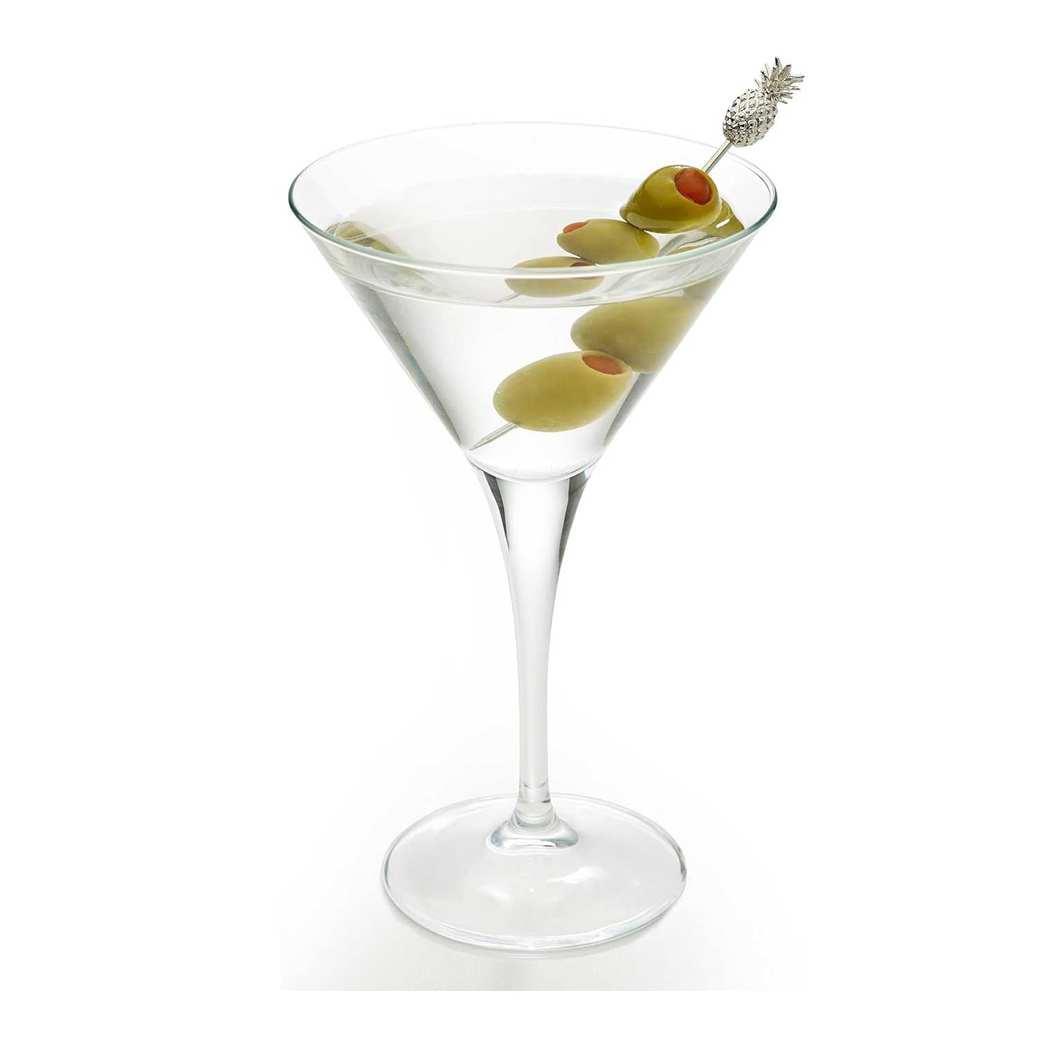 A clear martini in a stemmed glass, garnished with green olives skewered on a 4.5 inch Stainless Steel Barfly Cocktail Pick, with a Pineapple on the end.