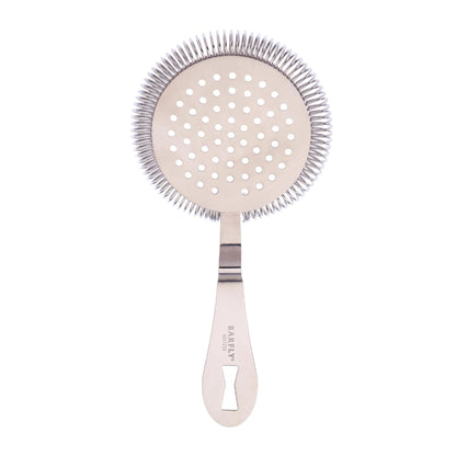 A stainless steel Barfly Deluxe Antique Hawthorne Spring Strainer on a white background
