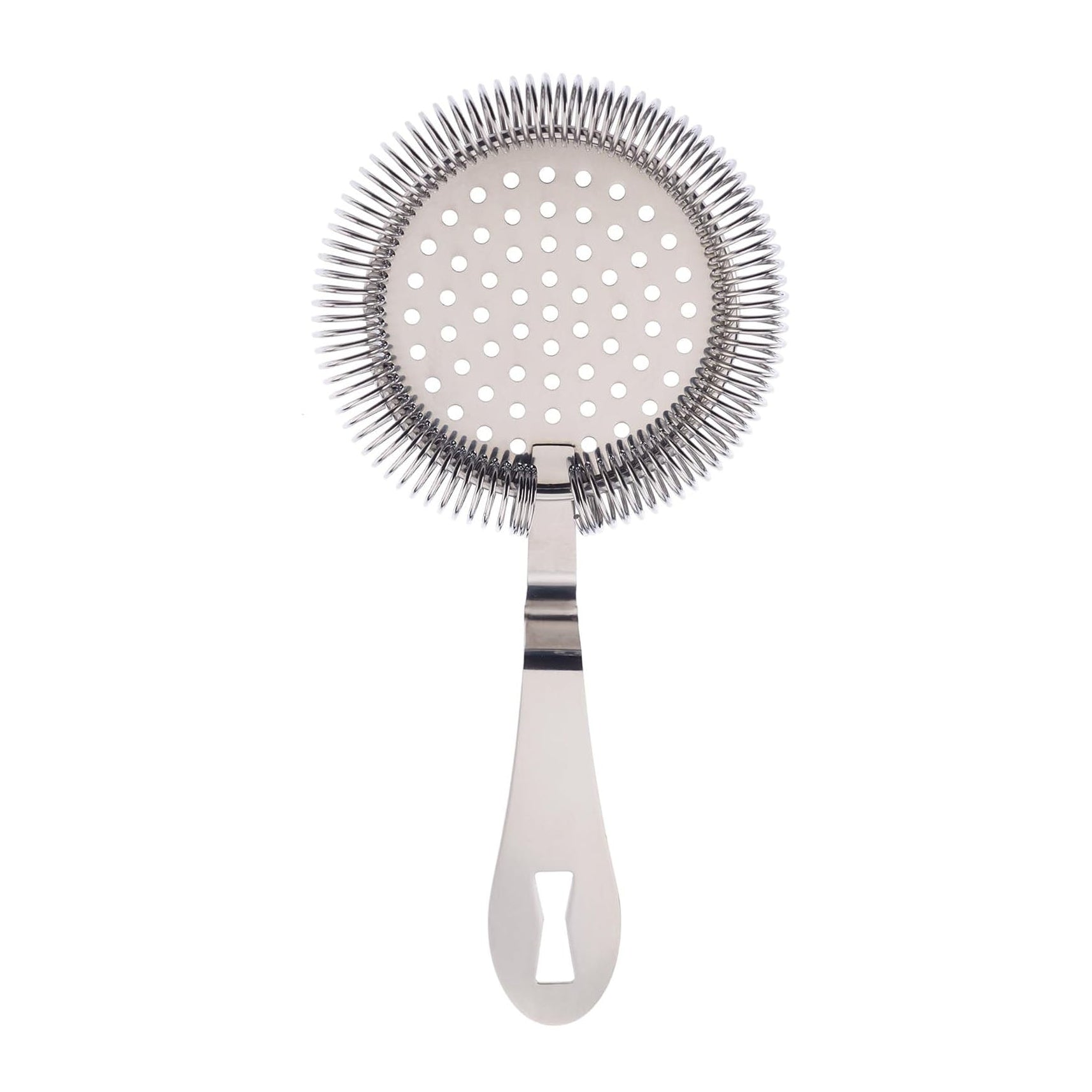 A stainless steel Barfly Deluxe Antique Hawthorne Spring Strainer on a white background