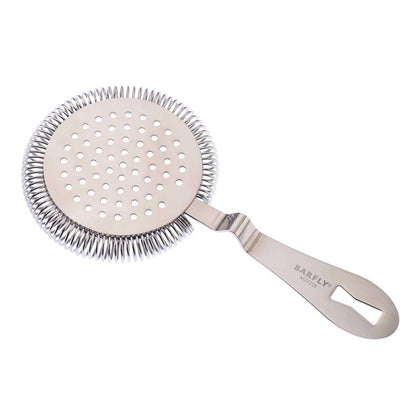 A stainless steel Barfly Deluxe Antique Hawthorne Spring Strainer on a white background