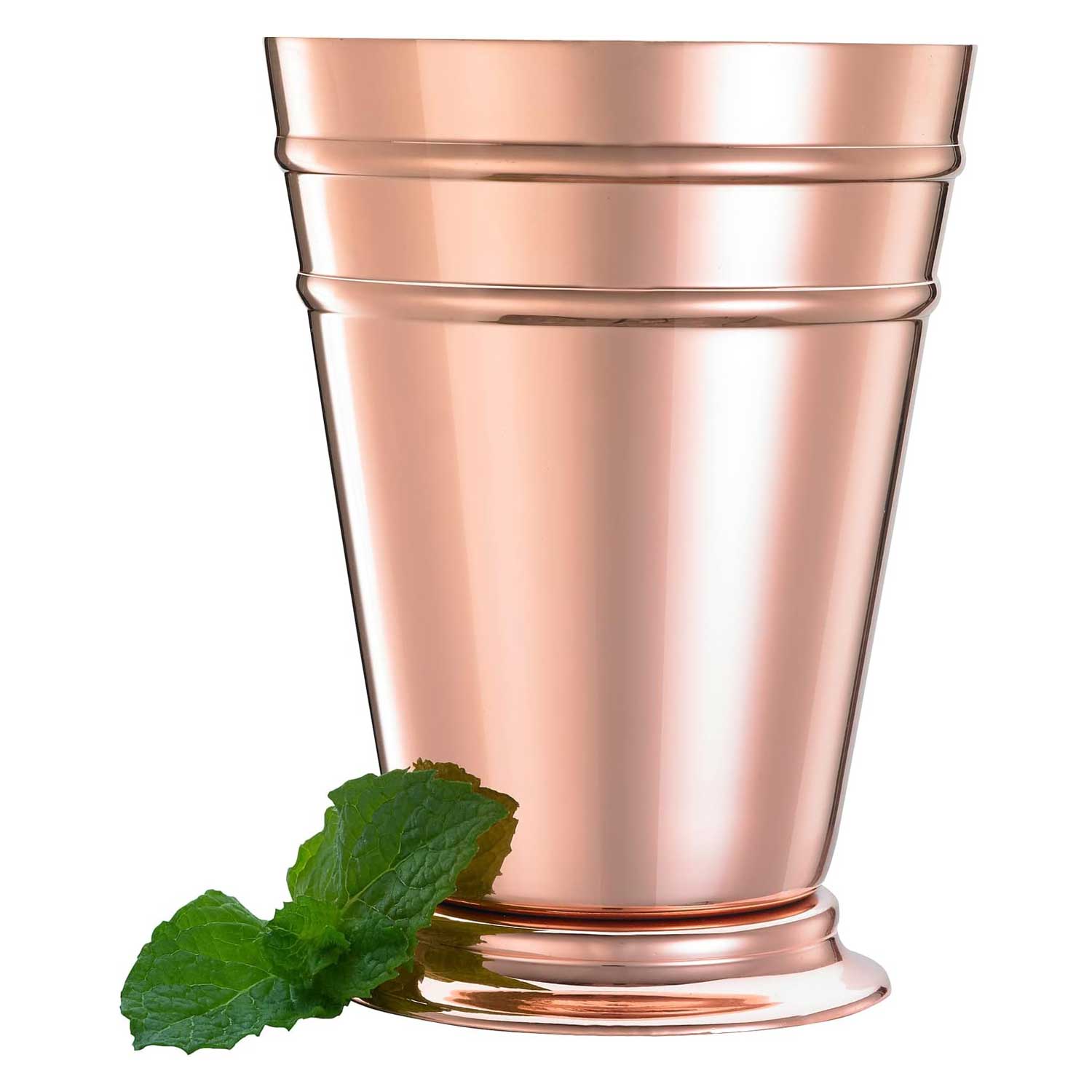  A Copper Plated Barfly Deluxe Julep Cup 13.5oz with a sprig of mint on a white background.