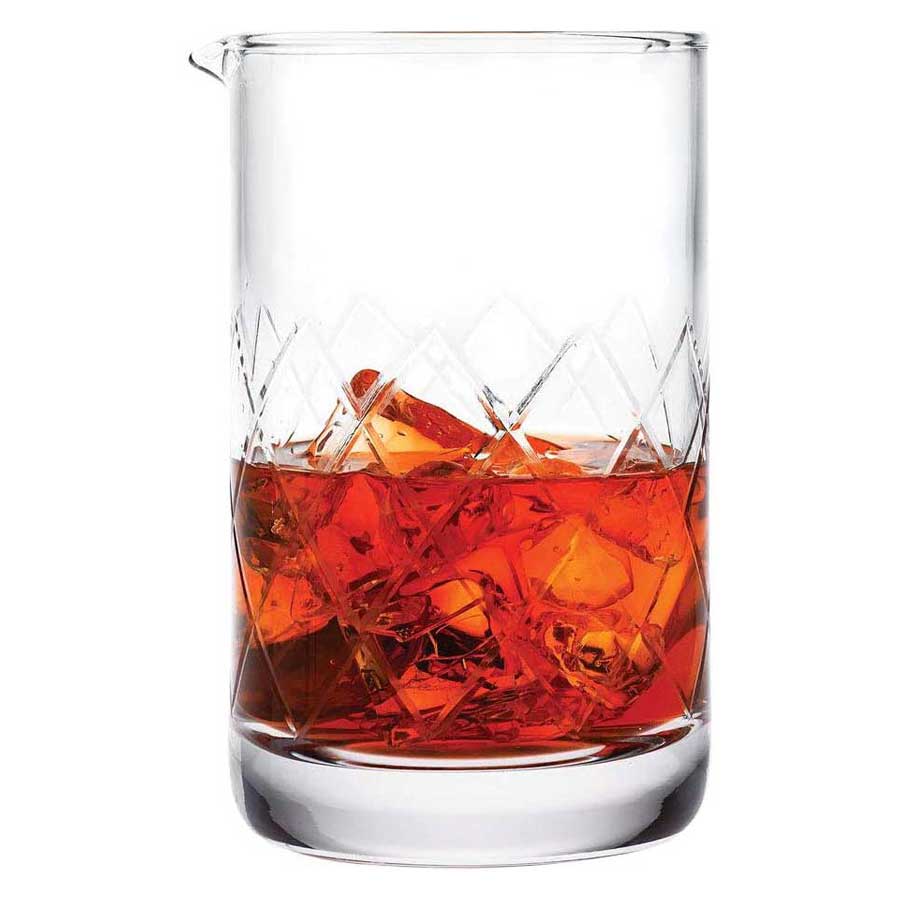Barfly Drink Mixing Glass, 24 oz with cocktail and ice cubes on a white background