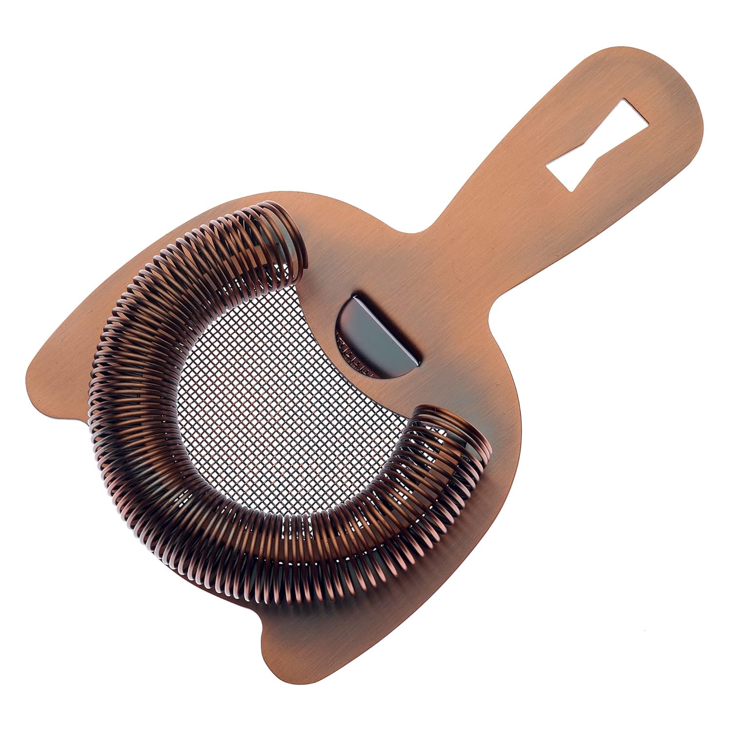 An Antique Copper finished Barfly Fine Mesh Spring Strainer on a white background