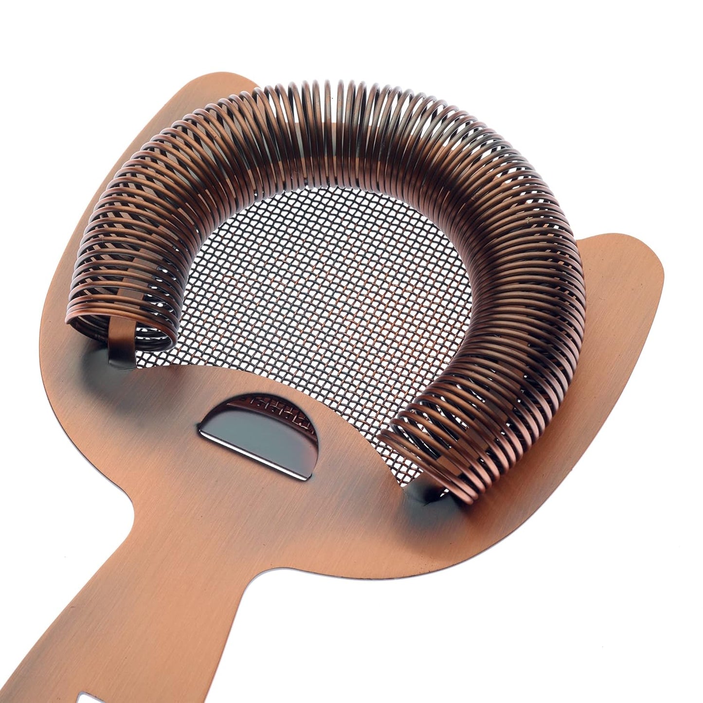 An Antique Copper finished Barfly Fine Mesh Spring Strainer on a white background