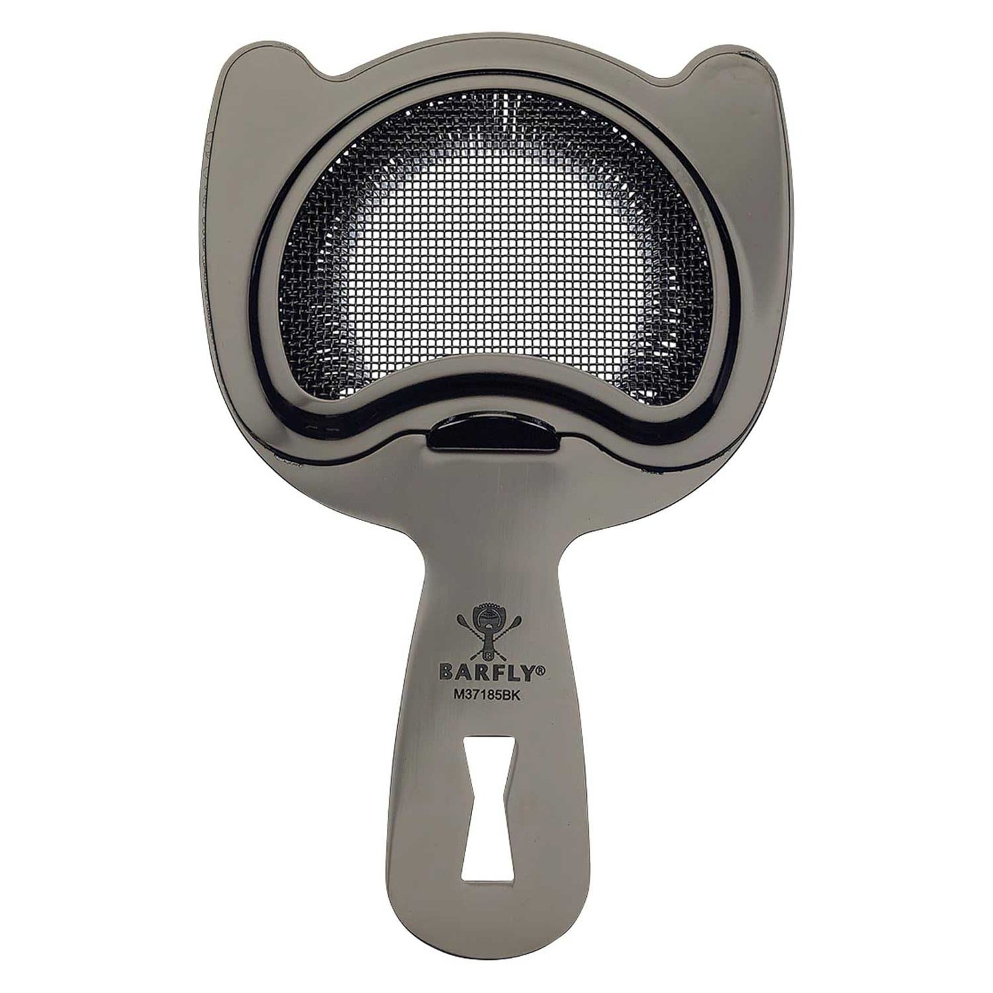 A Black Barfly Fine Mesh Spring Strainer on a white background