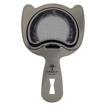 A Black Barfly Fine Mesh Spring Strainer on a white background