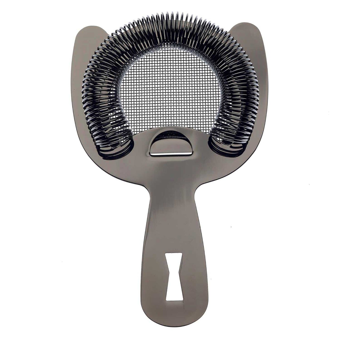 A Black Barfly Fine Mesh Spring Strainer on a white background