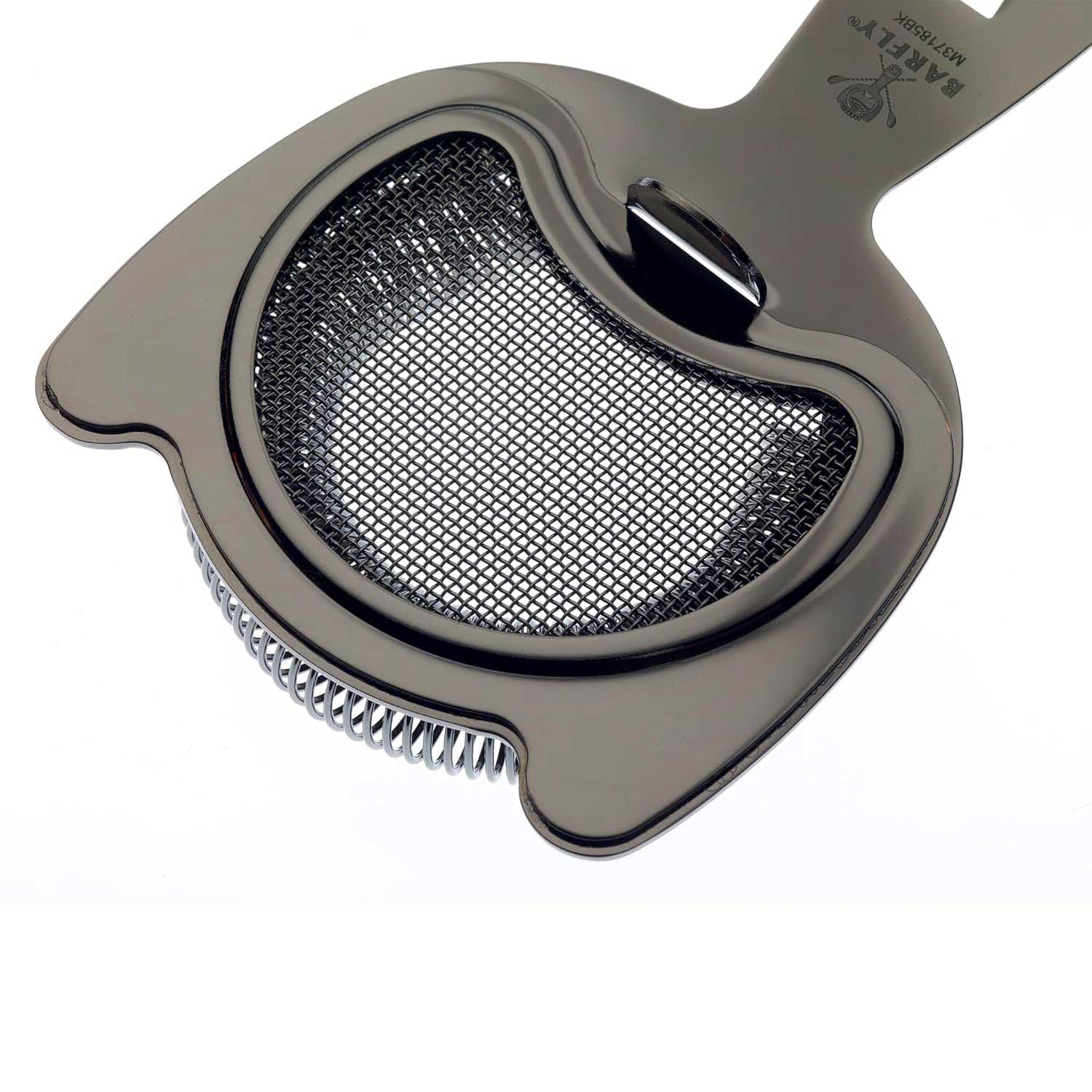 A Black Barfly Fine Mesh Spring Strainer on a white background